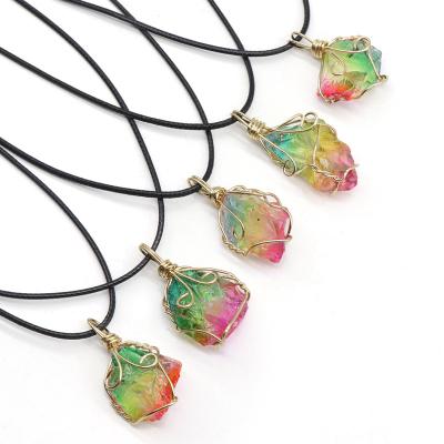 China Handcraft Gold Color Wire Wrap Rainbow Crystal Tumble Nugget Pendant Long Ethnic Necklace For Women for sale