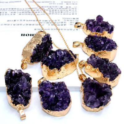 China Fashionable Natural Purple Amethyst Dangling Crystal Druzy Necklace Making Freeform Gold Plating Crystal for sale