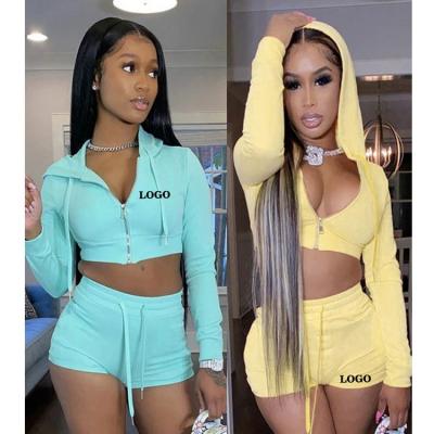 China 2022New Breathable In Running Women Biker Short Sets 2 Piece Apparel Zipper Hoodie Women Crop Tops Two Piece Set Apparel for sale