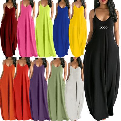 China 2021 Anti-Static Newest Design V Neck Suspender Strap Loose Pockets Ladies Solid Color Long Dress Women Fashion Casual Maxi Dresses for sale