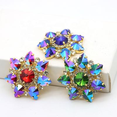 China Colorful Flatback Flower Shape Drop Form Crystal Glass Rhinestone Flatback Sew On Buckle For DIY Wedding Decoration for sale