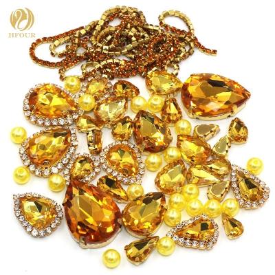 China Flatback DIY Product Mixed Gloden Yellow Color Pearl Cup Chain Crystal Rhinestones With Claws Setting for sale