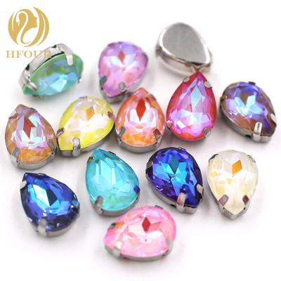 China Flatback K9 Mocha Fluorescent Glass Drop Shape Flatback Rhinestone With Silver Claw for sale