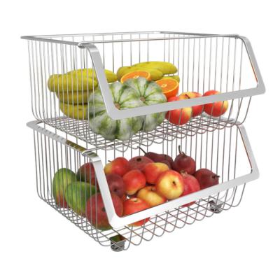 China Large Black Home Sustainable Stackable Organizer Bathroom Metal Iron Storage Bin Fruit Vegetable Wire Bin for sale