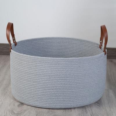 China Hot Selling Sustainable Custom Durable Round Cotton Rope Large Storage Basket With Dividers Leather Handles for sale