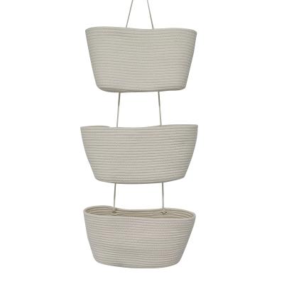 China 100% Eco-friendly 3-Tier Wall Mount Organizer Shelf Decorative Cotton Rope Door Organizers and Hanging Storage Baskets for sale