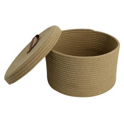 China Sustainable Cotton Rope Basket With Lid Mini Woven Basket Cute Toy Small Storage Basket Organizer With Leather Handle for sale