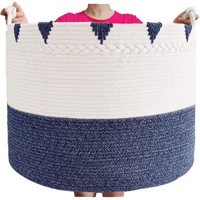 China Extra Large Cotton Rope Cover Basket Woven Laundry Hamper Folding Braided Storage Basket With Knot Handle for sale