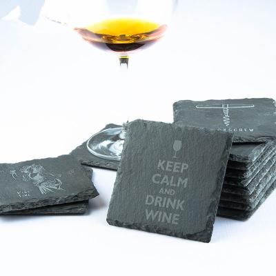 China Viable Slate Stone Wine Glass Coasters With Laser Logo Cork Bottom Gift Box Set for sale