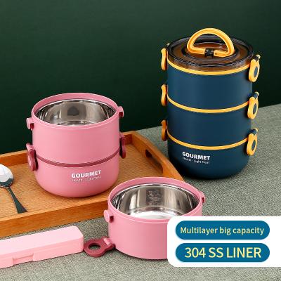 China Stainless Steel Tiffin Food Container Eco Friendly Viable Lunch Box Insulated Portable Bento Storage Box With Handle In 3 Layers for sale