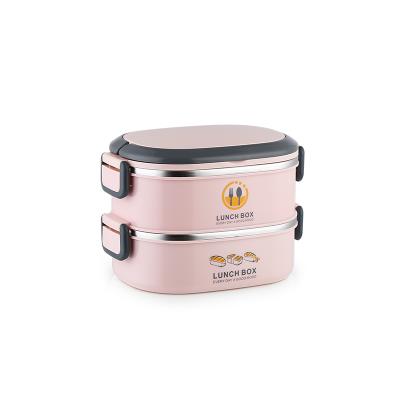 China TWO LAYERS Viable Compartment Stainless Steel Bento Food Storage Container Leakproof Cute Lunch Box With Cutlery for sale