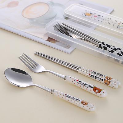 China 3PCS Kid's Portable Viable Stainless Steel Spoon Fork Chopsticks Set With Ceramic Handle Stylish Flatware Set With Plastic Box for sale