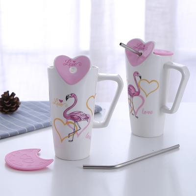 China Viable Sublimation With Straw Ceramic Coffee Mug Travel Mug Office Home Flamingo Pattern Ceramic Straw Mug for sale