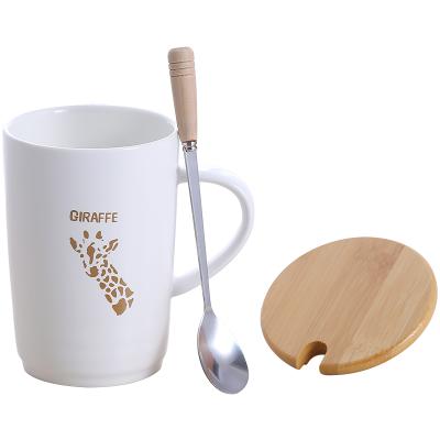 China Viable Ceramic Mug With Lid Milk Tea Wooden Coffee Mug With Spoon Home Office Hotel Sublimation Gift Porcelain Mug for sale