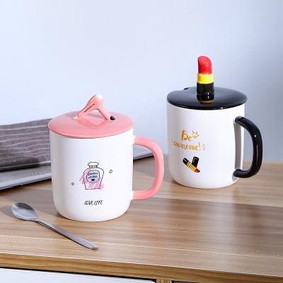 China Female Viable Creative Coffee Mug With Lid And Spoon Cute Ceramic Coffee Mug Home High-end Drinking Girl Large Capacity for sale