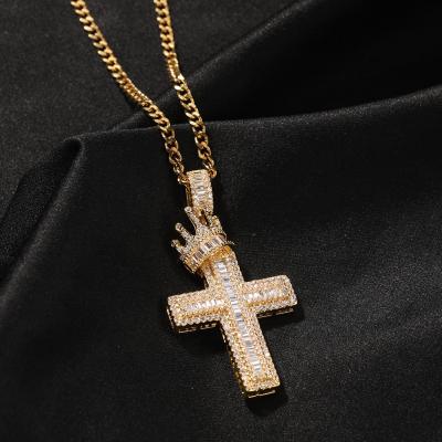 China FASHIONABLE Full Cubic Zirconia Copper Inlaid Hip Hop Punk Pendant Men Crown Cross Necklace for sale