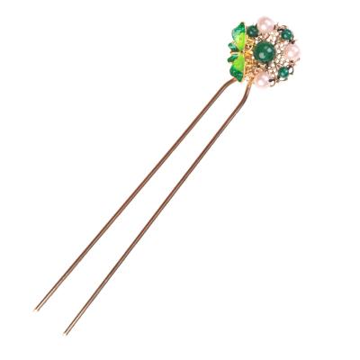 China Vintage Delicate Pearl Hair Pins Fashion Metal Wedding Bridal Butterfly Green Agate Hair Bun Fork Headdress for sale