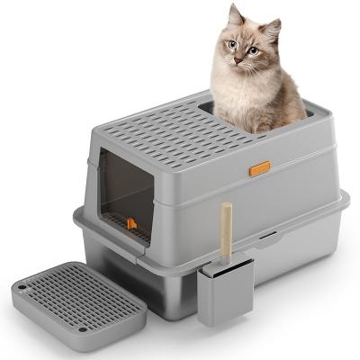 China Fashionable Stainless Steel Semi Enclosed XL Cat Litter basin XL Litter Box for Big Cats Portable Easy Cleaning Litter box for sale