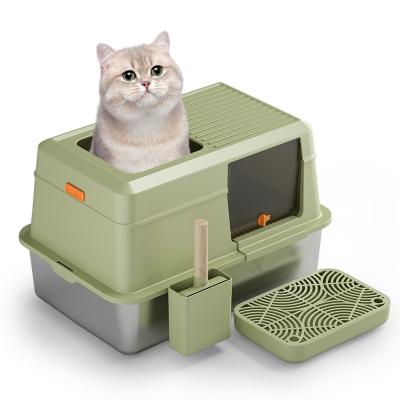 China Fashionable Stainless Steel Semi Enclosed XL Cat Litter basin XL Litter Box for Big Cats Portable Easy Cleaning Litter box for sale