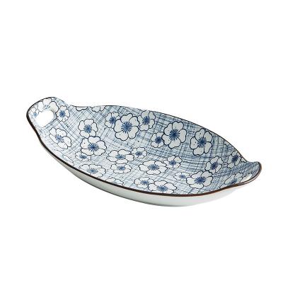 China Sustainable Japanese two-ear splint household steamed splint personality dish large ceramic oval creative for sale