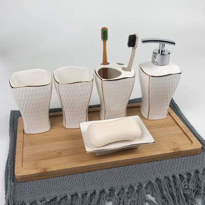 China Wholesale Stocked Customized Printed White Ceramic Embossed Porcelain Bathroom Accessory Set for sale