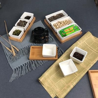 China Traditional Set 4 Place Dish With Tray Rectangle Snack Dish Restaurant Wholesale Serving Dishes With Bamboo Tray for sale