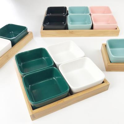 China Traditional Dish Set With Wooden Tray Rectangle Snack Dish Restaurant Wholesale Serving Dish With Bamboo Tray for sale