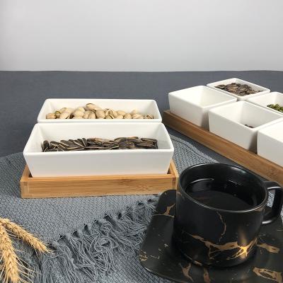 China Wholesale Stocked Fashion Rectangle Snack Dish Porcelain Serving Dishes With Wooden Tray for sale