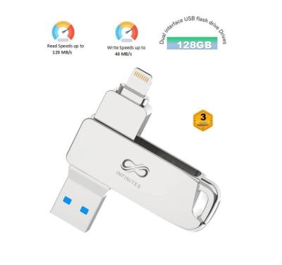 중국 애플용 인피니트 128GB USB OTG 플래시 드라이브 듀얼 인터페이스 USB 플래시 드라이브 최대 120 MB/S의 읽기 속도와 40 MB/S의 쓰기 속도 판매용