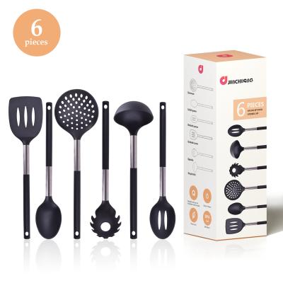 China 2021 Sustainable Nylon Custom Kitchen Utensils Sets With Wooden Handle Soup Pouch Noodles Tools Round Slotted Spoon Spatula Cook Accessories for sale