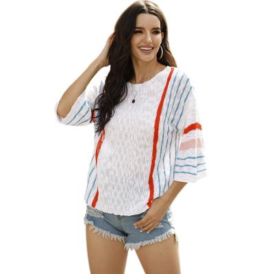 China Color Matching European And American Stripes Vertical Fashion Blouse Sweater Sleeve Trumpet Anti-wrinkle Sweater for sale