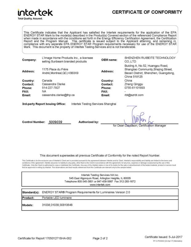 ETL - Shenzhen Ruibeite Optoelectronic Co., Ltd.