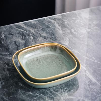 China Ceram Restaurant Luxury Western Tableware Disposable Green Reactive Glaze Serving Dish Deep Ceramic Square Dish For Salad for sale