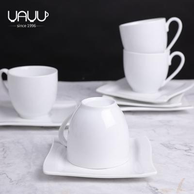 China Viable Customize Logo Personalized Novelty Teacup Coffee Cup And Saucer Fine Square Pure White Ceramic Tea Cup for sale