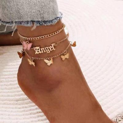 China Wholesale Eco-Friendly Simple Butterfly Acrylic Letter Fashion Anklet Pendant 3 Piece Set Charm Gold Tassel Anklets For Women Ladies Jewelry for sale