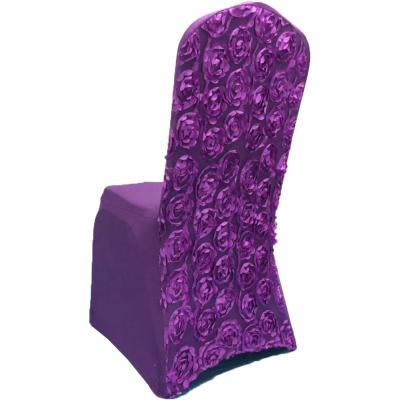 China Wrinkle Free Machine Washable Elegant Durable Elegant Spandex Purple Rosette Chair Cover For Banquet Lobby for sale