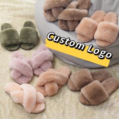 China Cushioning Fluffy Sheepskin Home Gently Indoor Toe Fur Slides Women's Fashion Fuzzy Sheep Skin Slippers Real Wool Fur Open Slippers for sale