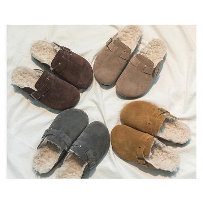 China Deodorization Fashion Winter Fur Slipper Leather Mule Clogs Plush Cork Slides Slippers Warm Indoor Soft Footwear for sale