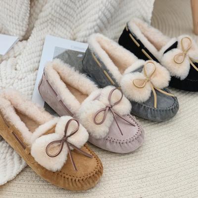 China Women's Autumn Winter Sheepskin Bow Suede Genuine Shearling Slip Cushioning On Moccasin Slippers for sale