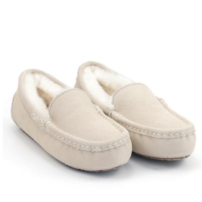 China Australian Shearling Striped Moccasin Sheepskin Slippers Thermal Women's Winter Loafer Warm Plush Indoor Casual Flat Flat for sale