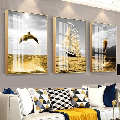 China Popular Very Clear Dolphin and Sailboat Living Room Decoration Painting Printing Crystal Porcelain Painting Three Piece Set for sale