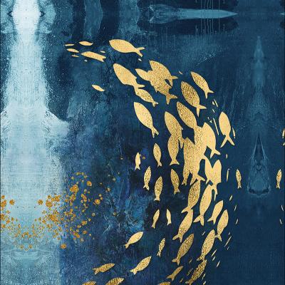 China Art Deco Colorful Gold Color Sea Fish Deep Blue Gold Fishes Frameless Painting for sale