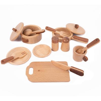 China Cultivate Children's Interest and Concentration Kitchen Accessories Wooden Play Set Cookware Plates Dishes Play Kitchen Toys Strainer Pots Cook Sets 15 Piece Montessori Toys for sale