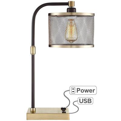 China JLT-HT09 Modern Antique Brass Metal Mesh Cage Shade Desk Table Lamp With USB AC Power Charging Left Outlet for sale