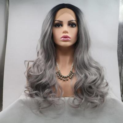 China Long Gray Ombre Body Wave Hair Synthetic Lace Front Wig For White Women Ponytail Hair Synthetic Lace Front Wig for sale