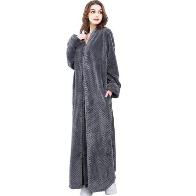 China Women's Front Bathrobe Soft Warm Long Zipper Fleece Plush Robe QUICK DRY Plus Size Full Length for sale