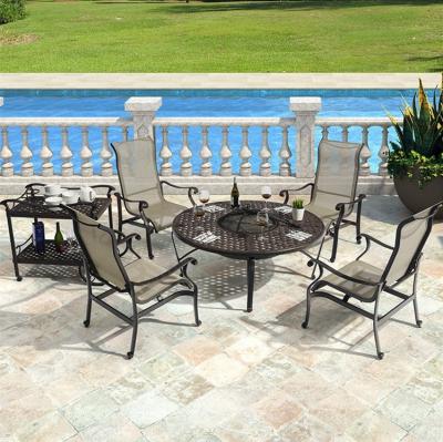 China Modern Luxurious Outdoor Garden BBQ Table Set Patio Furniture Cast Aluminum Fire Pit Dining Table And Chairs for sale