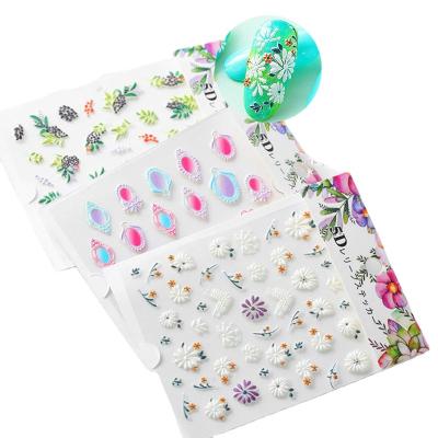 China Flower Decals 5D Adhesive Acrylic Etched Flower Nail Sticker Embossed Decals Empaistic Nail Water Slide Decals Manicure for sale