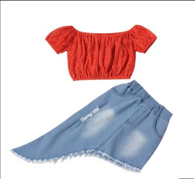 China Spandex/Cotton Babies Summer Plain Lace Up Shoulder A Line Short Sleeve Top With Irregular Beveled Hole Denim Skirt Set Kids Clothing Set for sale