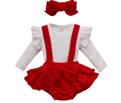 China New Christmas Antibacterial Baby White Long Sleeve Pit Stripe Fly Sleeve Top And Velvet Romper Skirt Dress With Headband for sale